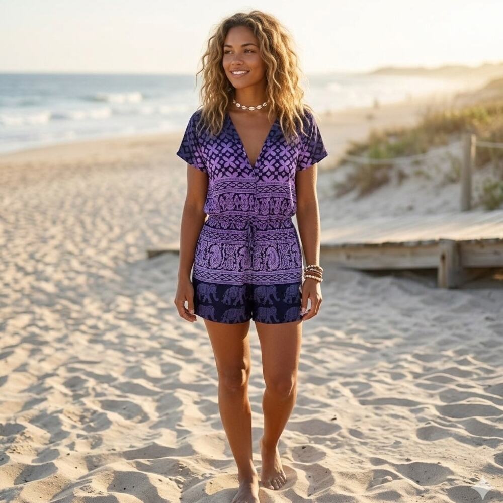 Earthbound NEW Romper Womens Medium Purple Paisley Elephant Print Hooded Casual